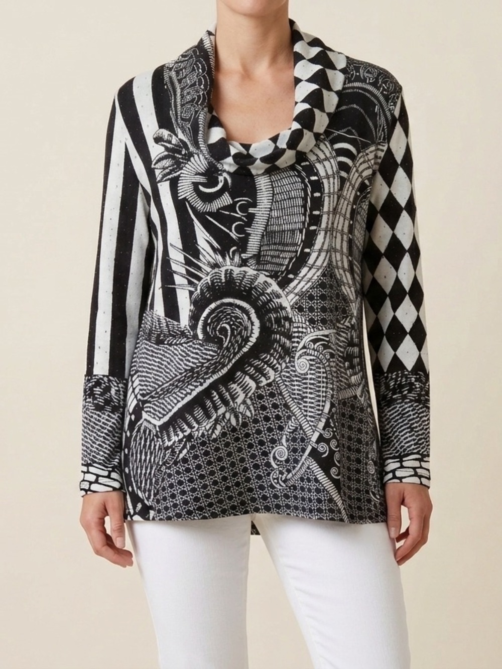 Red Coral woman tunic,  Black & White Mixed-Print Cowl Neck Gold fleck size XL